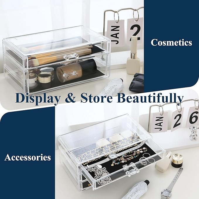 Sea Team Clear Makeup Organizer with Drawers, Acrylic Plastic Cosmetic Display Case, Jewelry Storage Box, Holder for Dresser, Bathroom, Vanity, Countertop (3 Middle Drawers)