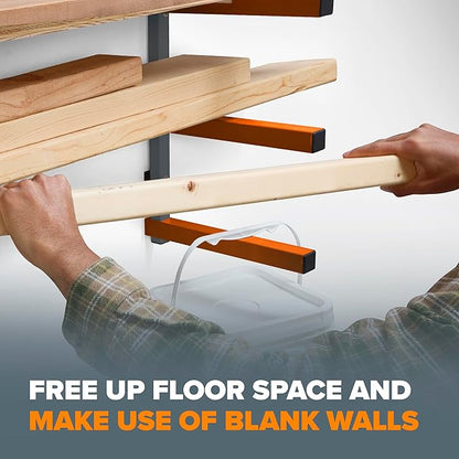 BORA 3-Level Wood Storage Rack, Wall-Mounted Hanging Shelf for Lumber, Garage Wall Storage, Space Saver for Workshop, Heavy Duty 300 lb Capacity, Metal Wood Rack System - PBR-0310, Orange/Black