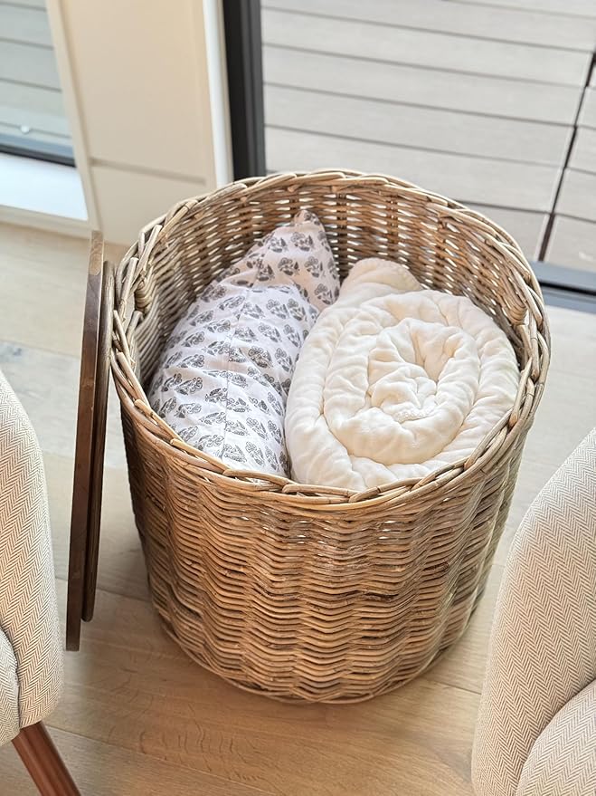 Kouboo Round Rattan Storage Basket with Wood Lid Side or End Table with Hidden Storage for Blankets Pillows & More
