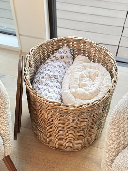 Kouboo Round Rattan Storage Basket with Wood Lid Side or End Table with Hidden Storage for Blankets Pillows & More
