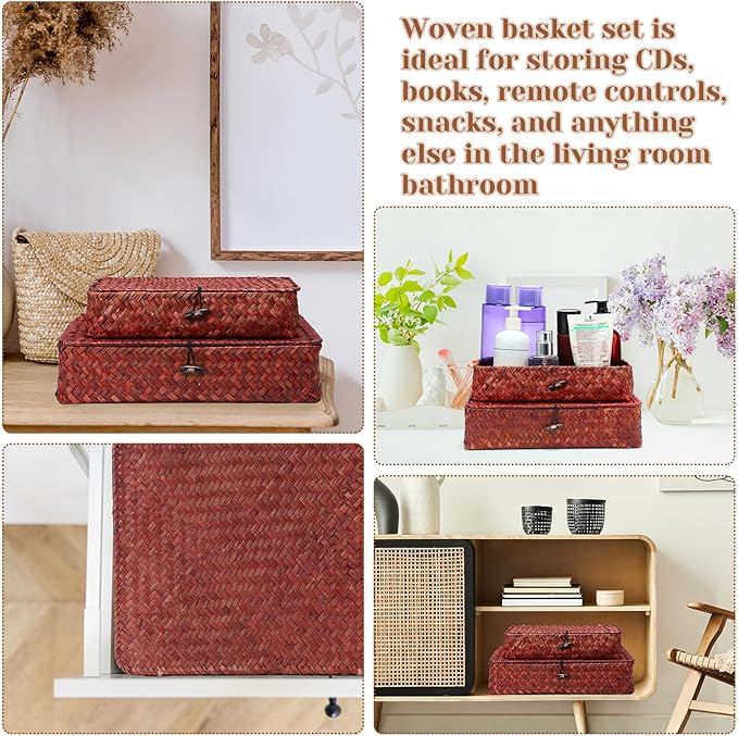 Didaey Set of 4 Seagrass Basket with Lid Wicker Storage Basket Decorative Storage Boxes with Lids Flat Storage Bins Woven Organizer Baskets for Shelf Closet Bedroom, 4 Sizes (Retro Red)