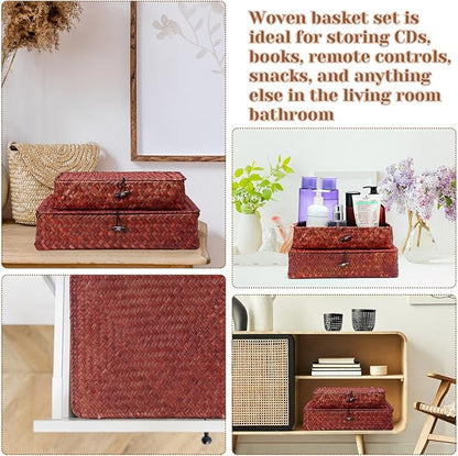 Didaey Set of 4 Seagrass Basket with Lid Wicker Storage Basket Decorative Storage Boxes with Lids Flat Storage Bins Woven Organizer Baskets for Shelf Closet Bedroom, 4 Sizes (Retro Red)