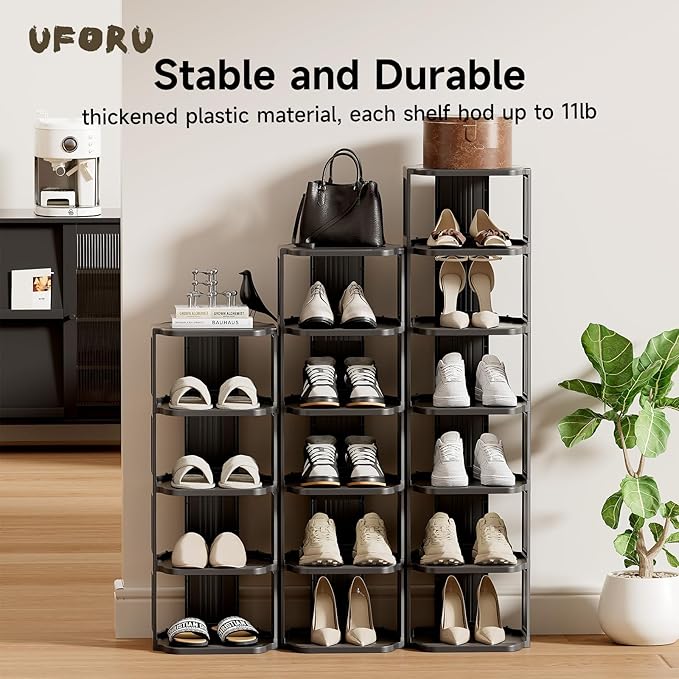 UFORU Small Shoe Rack, 5 Tier Plastic Vertical Shoe Rack for Small and Narrow Spaces, Free Standing Shoe Organizer for Closet, Entryway (Black)
