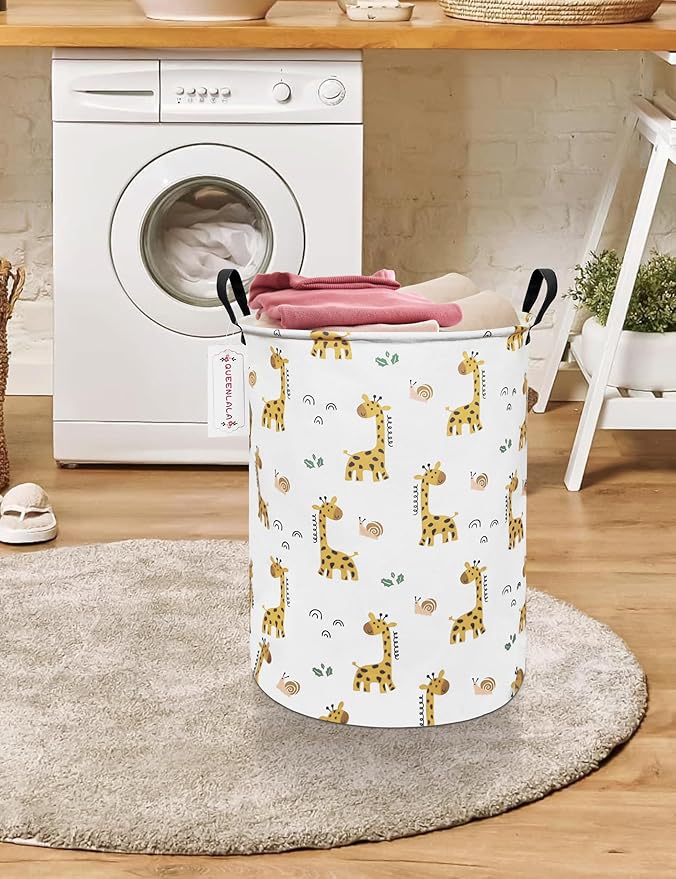 QUEENLALA Large Storage Basket,Laundry Hamper/Bathroom/Home Decor/Collapsible Round Storage Bin,Boys and Girls Hamper/Boxes/Clothing(Round-Yellow Giraffe)