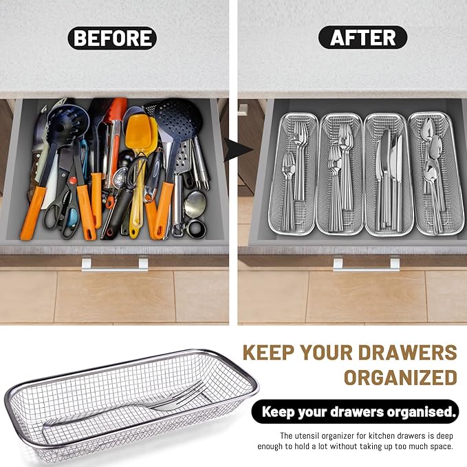 LELE LIFE 4Pcs Silverware Organizer Utensil Organizer, 18/8 Stainless Steel Mesh Kitchen Drawer Organizer, Raised Bottom Flatware Cutlery Organizer in Drawer, Silverware Tray Holder