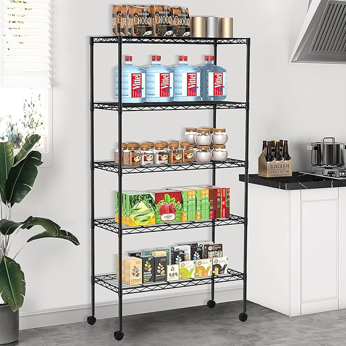 5-Tier Wire Shelves 61" H x 30" x 14" Metal Storage Shelves Adjustable Wire Shelving Rack with Wheels & Leveling Feet NSF Metal Shelf Unit for Kitchen Pantry, 1200Lb Capacity, Black