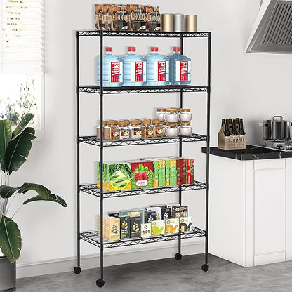5-Tier Wire Shelves 61" H x 30" x 14" Metal Storage Shelves Adjustable Wire Shelving Rack with Wheels & Leveling Feet NSF Metal Shelf Unit for Kitchen Pantry, 1200Lb Capacity, Black