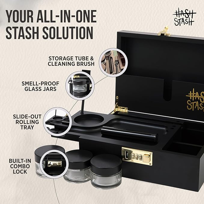 HASHSTASH The OG Storage Box - Large Bamboo Box with Combination Lock, Magnetic Lid, Organizer Tray, Airtight Tube and 3 Jars - Discreet Decorative Locking Wooden Box with Accessories (Black/Gold)