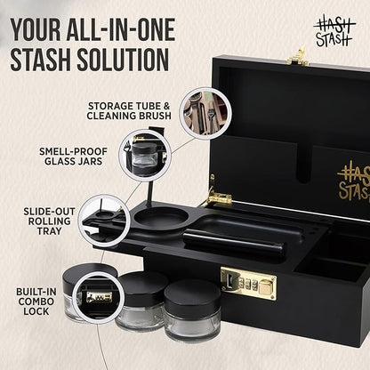 HASHSTASH The OG Storage Box - Large Bamboo Box with Combination Lock, Magnetic Lid, Organizer Tray, Airtight Tube and 3 Jars - Discreet Decorative Locking Wooden Box with Accessories (Black/Gold)
