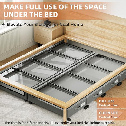 Somdot Under Bed Storage with Wheels, 2 Pack Bed Storage Containers with Dividers & Clear Lids, Easy Pull-out Metal Drawer for Clothes, Shoes,Toys, Blankets (Charcoal Grey)