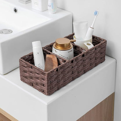 Toilet Tank Topper Paper Basket Multiuse Hand Woven Plastic Wicker Basket Bins with Divider for Shelves Rustic Farmhouse Bathroom Decor Countertop Organizer Storage