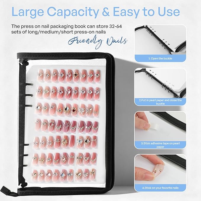 18PCS Press On Nail Organizer Clear Empty Press on Nail Packaging Set with 8 Insert Pages,8 nail double tape and 1 Zipper Pocket for Fake Nail Storage Nail Art Salon (black)