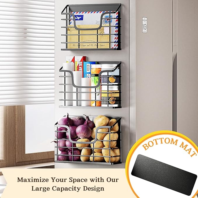 Magnetic Shelf for Fridge, 3 Pack Metal Fridge Organizer Baskets, Magnetic Cup Holder for Refrigerator, Fruit & Snack Storage, Magnetic Bin for Potatoes, Letters, Magazines, Kitchen & Laundry Room
