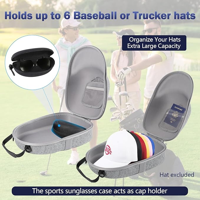 Hat Travel Case, Hard Hat Carrier Organizer with Clip & Glasses Storage, Holds 6 Baseball Caps for Home/Travel - Grey