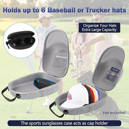 Hat Travel Case, Hard Hat Carrier Organizer with Clip & Glasses Storage, Holds 6 Baseball Caps for Home/Travel - Grey