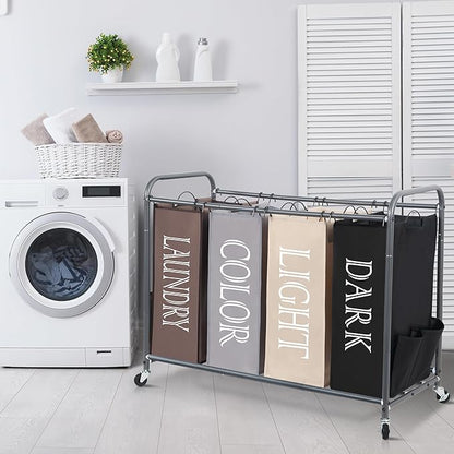 STORAGE MANIAC Laundry Sorter 4 Section, 47.8 Gal (181 L) Laundry Hamper with Wheels, Clothes Divider Basket Sorter, Clothes Separator Hamper Cart with Wheels and Removable Bags, Multicolored