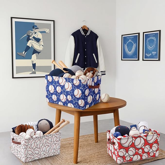 Boao 4 Pack Baseball Storage Baskets for Gifts Empty Collapsible Laundry Storage Bins with Handles Foldable Boxes for Home Bedroom Office Holiday Toy Clothes Containers