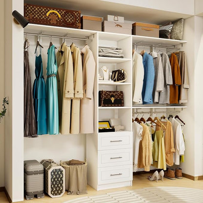 96 inch Closet System with Wooden Drawers, 5FT-8FT Closet Organizer System with Shelving Tower, Walkin Closet System with Expandable Hanging Rods & Movable Shelves, Wall Mount, 91.3”*14.8”*81”,White