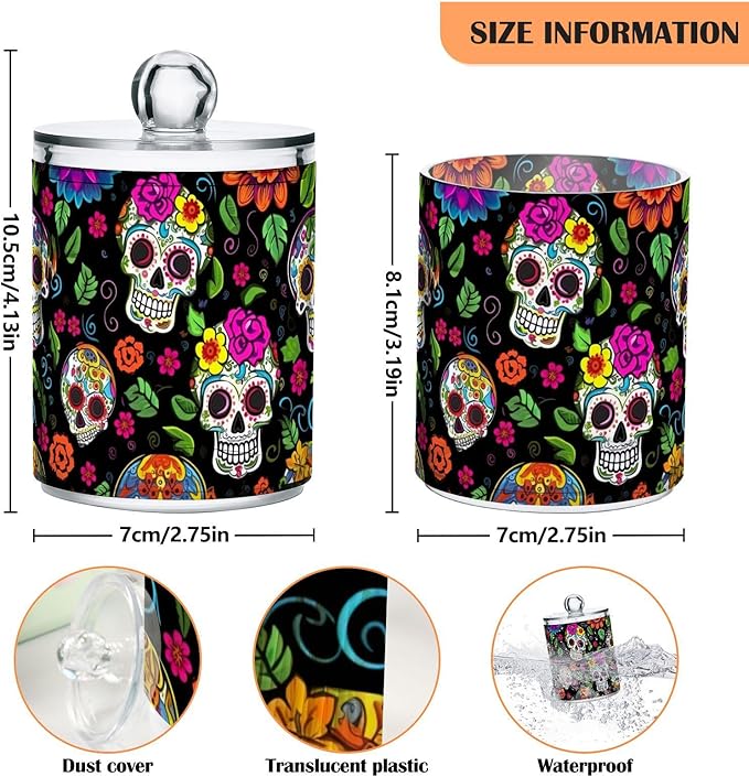2 Pack Apothecary Jars Bathroom Colorful Dead Skulls Qtip Holder Dispenser Clear Plastic Storage Canister Jar with Lid for Cotton Ball, Cotton Swab