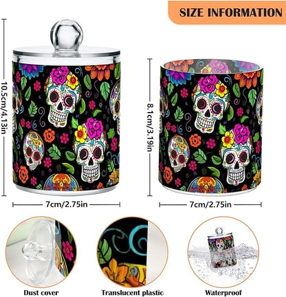 2 Pack Apothecary Jars Bathroom Colorful Dead Skulls Qtip Holder Dispenser Clear Plastic Storage Canister Jar with Lid for Cotton Ball, Cotton Swab