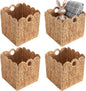 Scalloped Wicker Storage Cubes Basket, 12”x12“ Heavy Duty Paper rope/Hyacinth/Seagrass Baskets for Shelves, Foldable Natural Boho Square Bins (Water Hyacinth&10.5 x 10.5 x 10.5in&4-Pack)