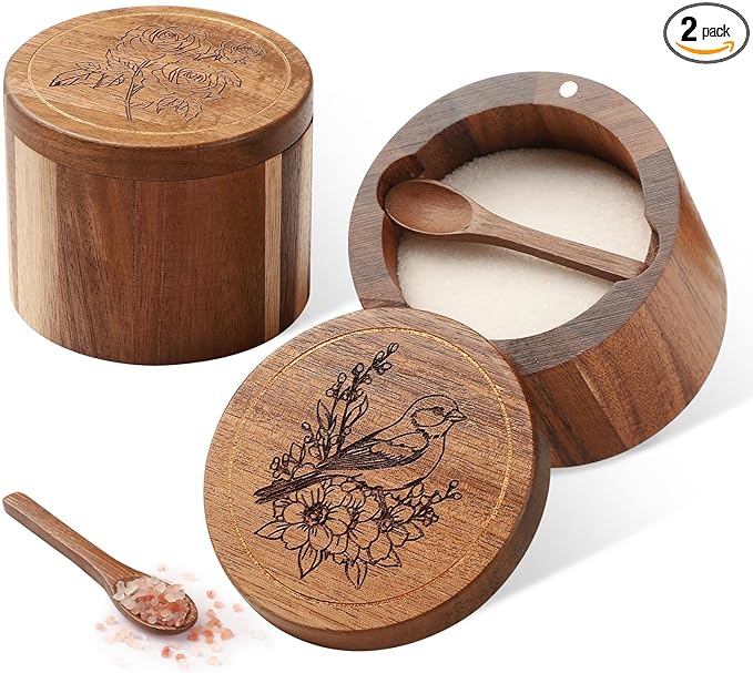 Timtopno Salt Cellar, 2PCS Salt Container Acacia Wood Salt and Pepper Box for Countertop with Built-in Spoon & Swivel Lid, Wood Salt Holder Bowl for Kitchen, Seasoning Storage (Rose & Bird Engraving)