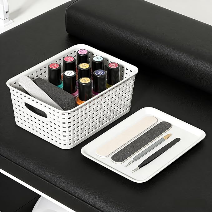 6 Pack Plastic Stackable Storage Baskets with Lids, White Breathable Storage Containers Bins for Organizing Desktop Closet Playroom Classroom Office