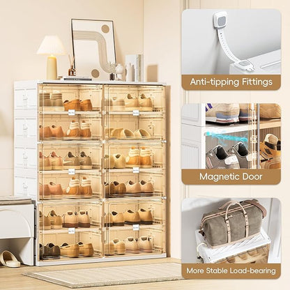 JEKO&JEKO 8-Tier Foldable Shoe Storage Box with Magnetic Doors, Large Stackable Shoe Organizer Cabinet for Entryway, Clear Front Door Shoe Boxes Hold Up to 32 Pairs (White)