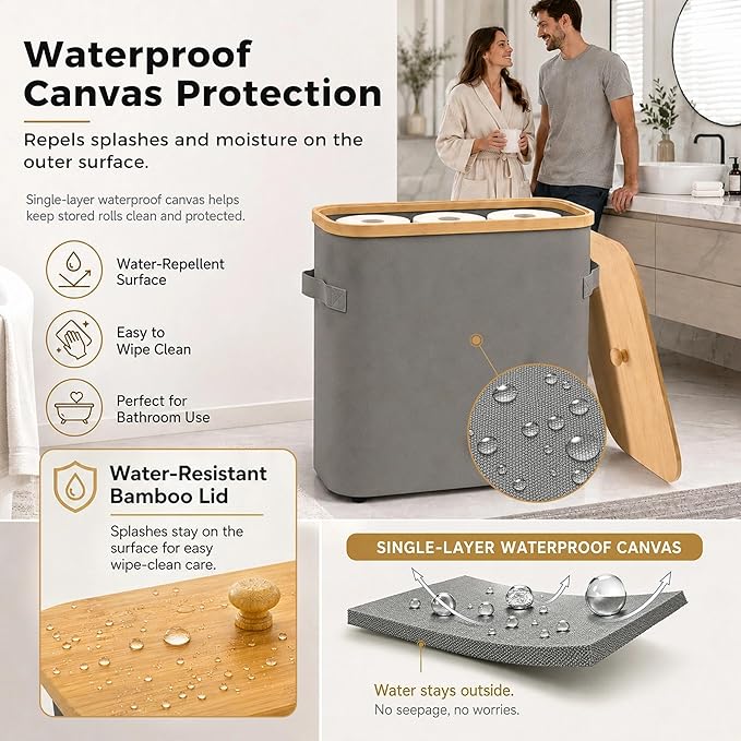 Premium Waterproof Toilet Paper Storage Box with Bamboo Lid - Fits 9 Mega Rolls, 900D Heavy-Duty Fabric Bathroom Organizer Bin with Elevated Base & Handles for Narrow Spaces (17.3"x 6.9"x 15.5")