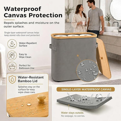 Premium Waterproof Toilet Paper Storage Box with Bamboo Lid - Fits 9 Mega Rolls, 900D Heavy-Duty Fabric Bathroom Organizer Bin with Elevated Base & Handles for Narrow Spaces (17.3"x 6.9"x 15.5")
