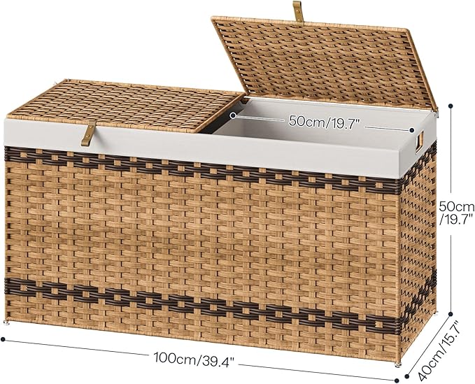 HOOBRO Storage Basket with Lid, 52.8 Gallon (200L) Wicker Storage Basket with 2 Separate Lid, Blanket Storage Bin with 2 Removable Liner Bags, for Bedroom, Laundry, Natural and Brown NL277CW01