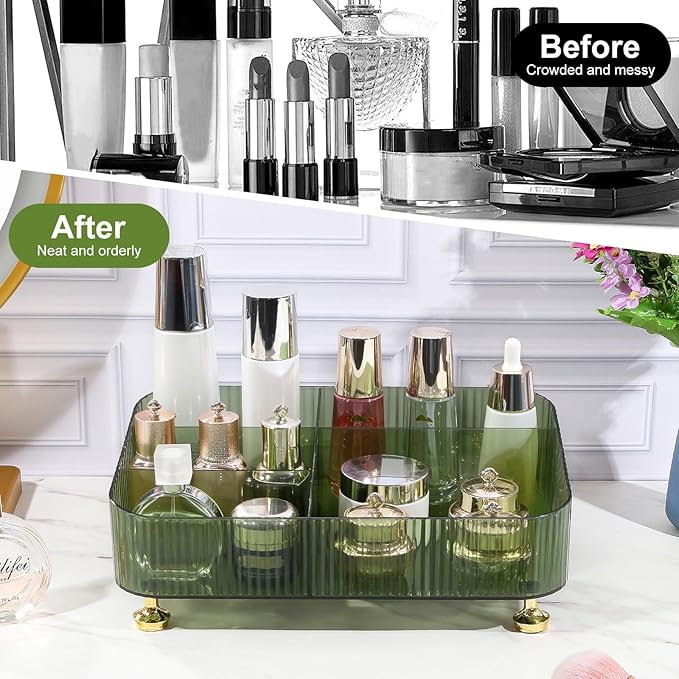 DASITON Makeup Organizer Countertop for Vanity, 5 Slots Makeup Brush Holder Organizer, Vintage Makeup Perfume Tray Cosmetic and Skincare Organizers for Bedroom Bathroom Counter, Desk Storage (Green)