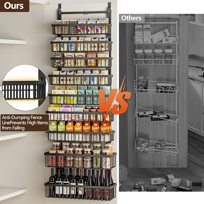 POKIPO 9 Tier Over The Door Pantry Organizer, 2 in 1 Wall Mount or Hanging Spice Rack with Adjustable Deep Basket, Heavy-Duty Seasoning Organizer and Storage for Kitchen Cabinet Closet Bathroom