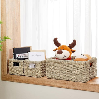 Vagusicc Wicker Basket, Set of 3 Hand-woven Storage Baskets for Organizing, Seagrass Wicker Storage Basket Bins with Handles, Small Toilet Paper Storage Baskets for Shelves Pantry Baskets (Seagrass)