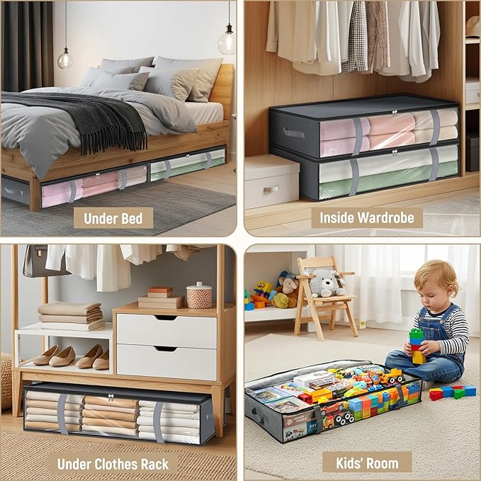 LANDNEOO 4 Pack 90L Under Bed Storage Containers - Underbed Storage for Clothes, Blankets - Closet Organizers and Storage Bags - Under the Bed Storage Bins with Handles & Clear Front