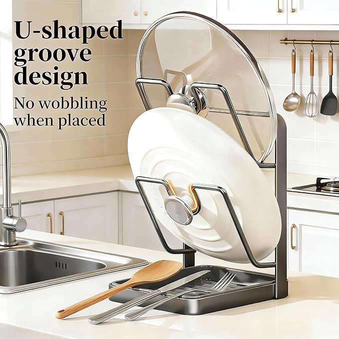 Kitchen Pot Lid Storage Rack, Steel Lid Holder with Removable Drip Tray, Double-Layer Countertop Organizer