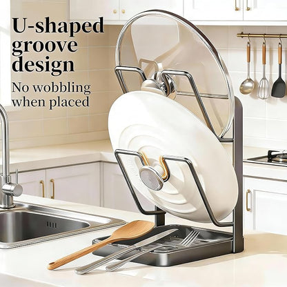 Kitchen Pot Lid Storage Rack, Steel Lid Holder with Removable Drip Tray, Double-Layer Countertop Organizer