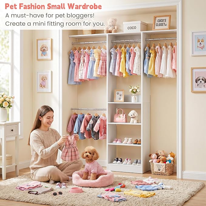 iSunirm 48" Small Closet System, Space-Saving Wall-Mounted Wardrobe Organizer, Mini Garment Rack for Narrow Spaces, Morning Outfit Prep Station & Nursery Dress-up Storage, White