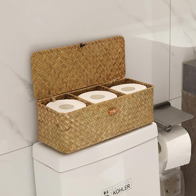 Seagrass Toilet Tank Basket with Lid Bathroom Toilet Paper Storage Baskets with 3 Sections for Organizing (16.5 x 5.5 x 5.5 inch)