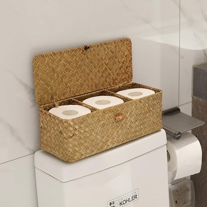 Seagrass Toilet Tank Basket with Lid Bathroom Toilet Paper Storage Baskets with 3 Sections for Organizing (16.5 x 5.5 x 5.5 inch)