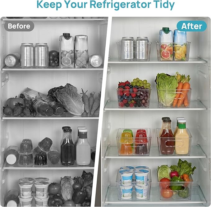 Vtopmart 4pcs Clear Organizers and Storage Bins, Plastic Storage Containers with Handles for Fridge, Freezer, Pantry, Cabinet, Kitchen Organization