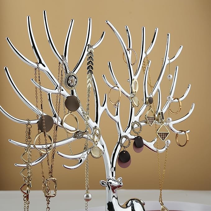 MORE&LESS Antlers Jewelry Display Stand,Silver Deer Hanging Organizer for Ring Earrings Necklace Bracelet