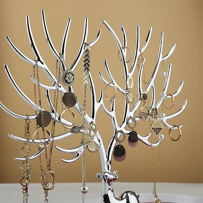 MORE&LESS Antlers Jewelry Display Stand,Silver Deer Hanging Organizer for Ring Earrings Necklace Bracelet