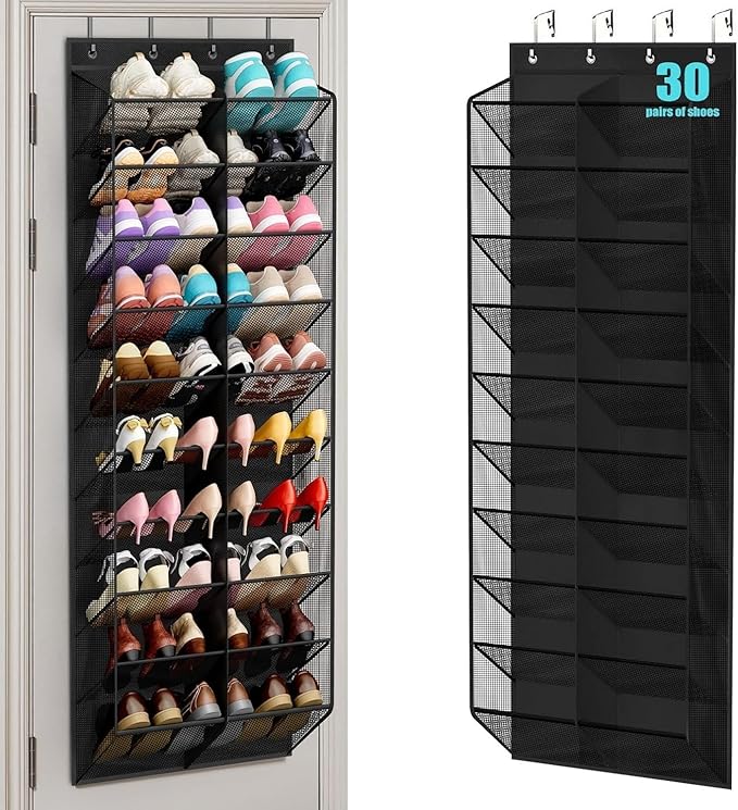 30 Pairs Over the Door Shoe Organizer, Hanging Shoe Organizer with 4 Metal Hooks, Large Capacity Breathable Mesh Shoe Rack for Closet Door, Multi-Pocket Storage for Shoes, Hats, Toys, Towels (Black)