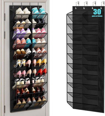 30 Pairs Over the Door Shoe Organizer, Hanging Shoe Organizer with 4 Metal Hooks, Large Capacity Breathable Mesh Shoe Rack for Closet Door, Multi-Pocket Storage for Shoes, Hats, Toys, Towels (Black)
