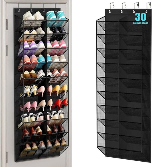 30 Pairs Over the Door Shoe Organizer, Hanging Shoe Organizer with 4 Metal Hooks, Large Capacity Breathable Mesh Shoe Rack for Closet Door, Multi-Pocket Storage for Shoes, Hats, Toys, Towels (Black)