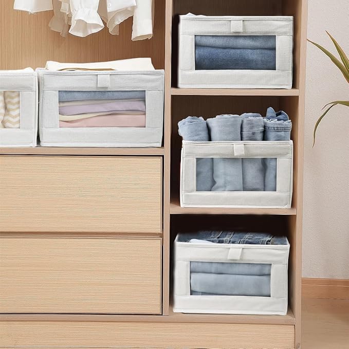 Fordonral 4 Pack Linen Storage Bins, Storage Containers for Organizing Clothing, Jeans, Toys, Books, Shelves, Closet, Wardrobe - Closet Organizers and Storage, Large Storage Boxes Baskets with Window