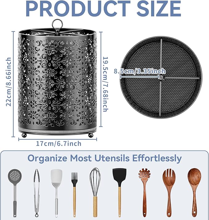 YIUKEA 360° Rotating Utensil Holder - Extra Large Cooking Utensils Caddy Counter Organizer with Instant-Dry and Removable Base for Kitchen Tools