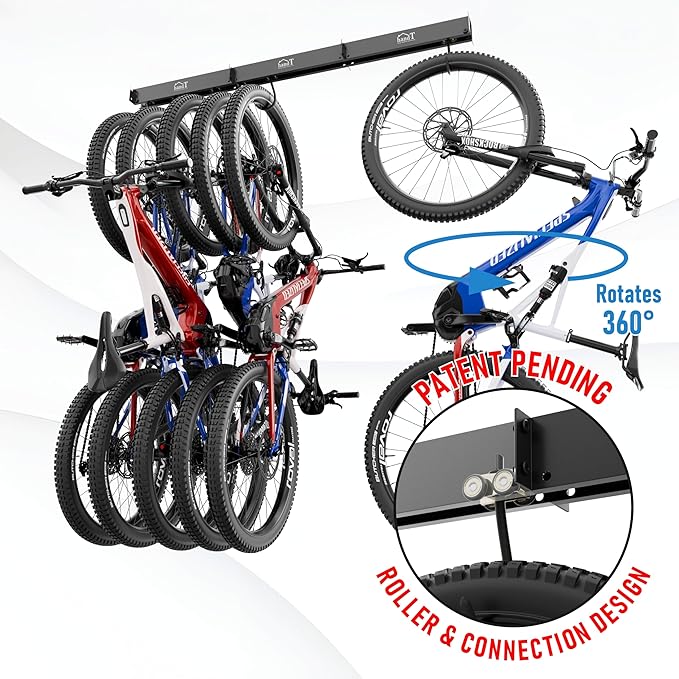 USA Based Ceiling Bike Rack Garage Storage Mount, Bicycle Hanger For Up To 6 Bikes, Sliding 51" Heavy Duty Hook Racks With Padded Hanging Mounts, Hooks Hangers (Black, 1 Rail - 2 Hooks)