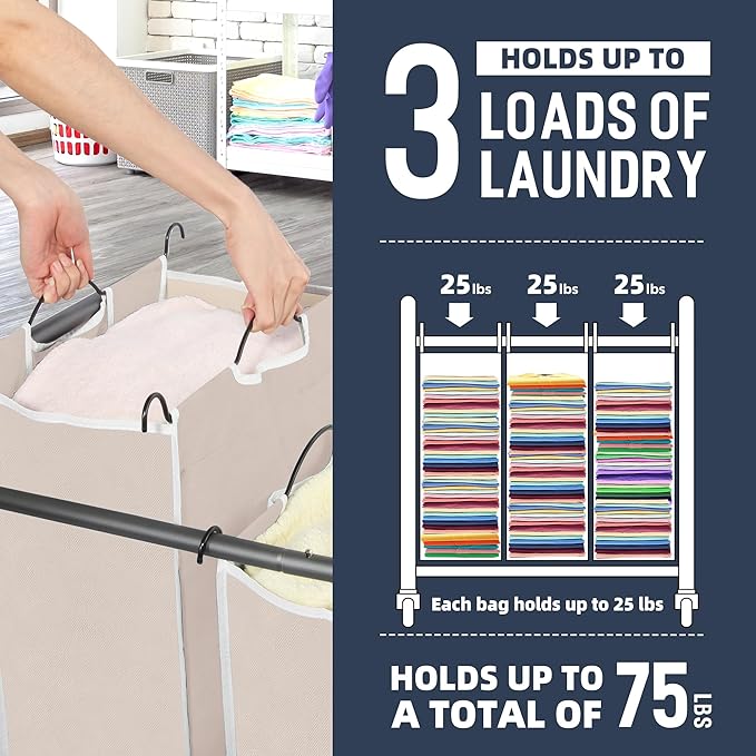 STO STO Laundry Sorter 3 Section, 3 Bag Clothes Hamper, Rolling Laundry Cart Basket with Heavy Duty Lockable Wheels and Removable Bag for Laundry Room, Bedroom, Closet, Beige